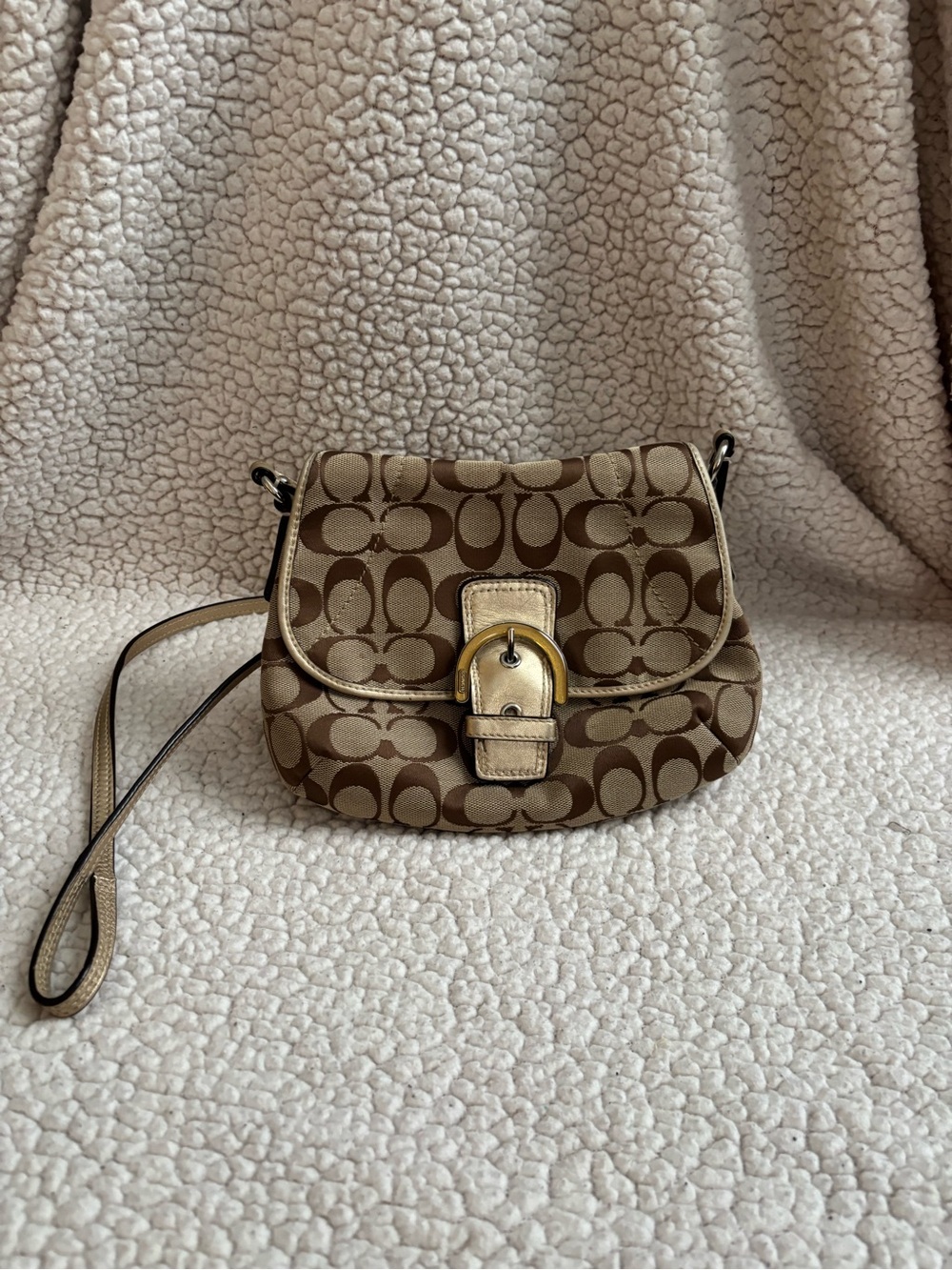 Coach Brown Signature Canvas Saddle Crossbody with Gold Buckle